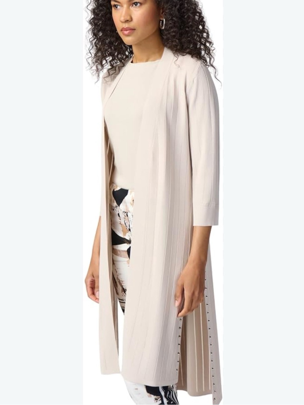 Joseph Ribkoff Beige Longline XL Open Front stretch Cardigan Sweater Stud Detail